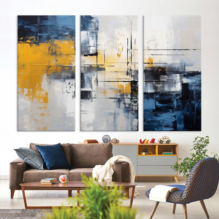 The Yellow Orange Blue Abstract Wall Art Print on gallery-wrapped, museum-quality canvases adds a vibrant touch to the room.