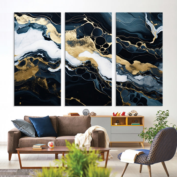 Fluid Marble Abstract Wall Art Print, a contemporary piece with black, white, and gold swirls on museum-quality canvas.