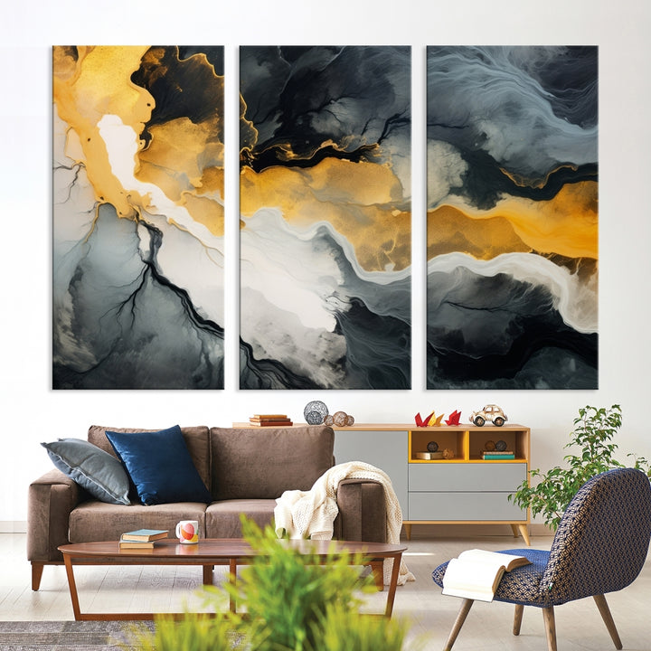 The Smoke Gray Green Golden Abstract Contemporary Art Canvas beautifully enhances a modern living room. Created on museum-quality canvas, this ready-to-hang artwork guarantees longevity and sophistication, perfectly aligning with the contemporary aesthetic.