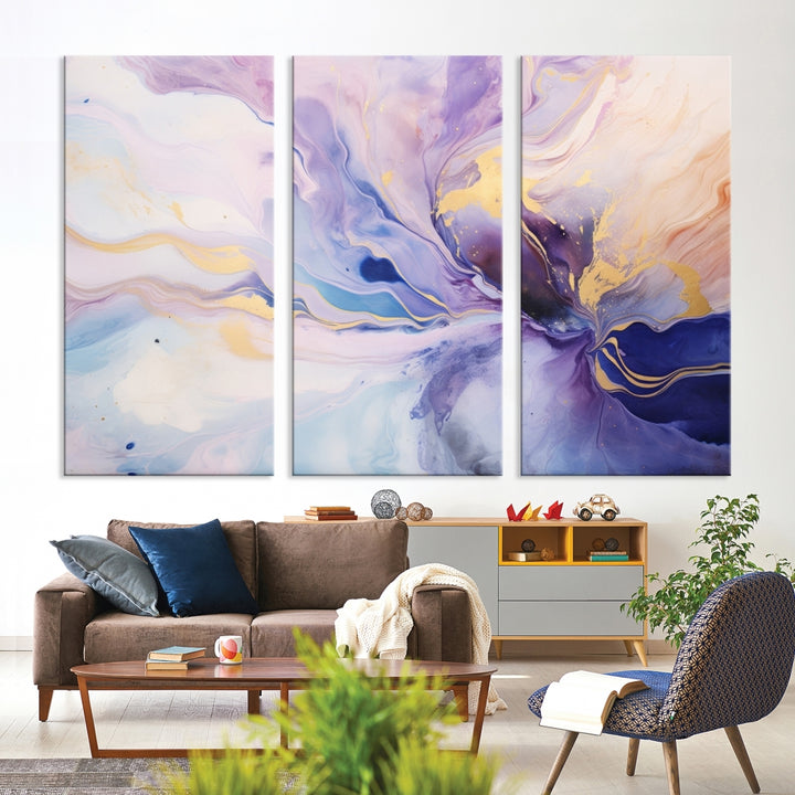 In the modern living room, a captivating Purple Color Abstract Wall Art Print graces the walls, mounted on museum-quality canvas, infusing the space with an artistic flair.