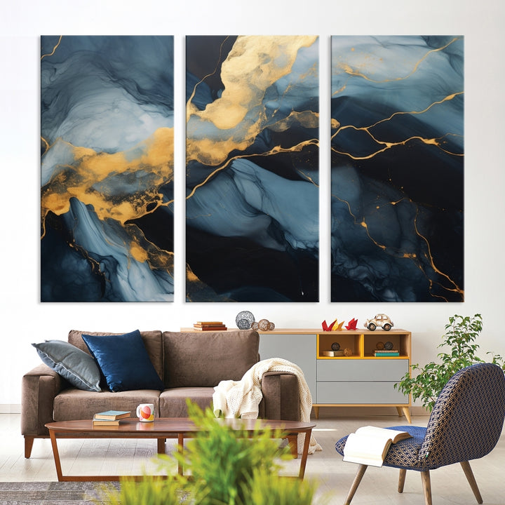 Contemporary artwork print featuring abstract blue and gold swirls on gallery wrapped, museum-quality canvas.