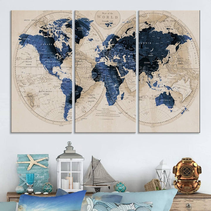 The Vintage Triptych Map Print is a grunge-stained blue and beige world map, perfect for enhancing wall decor.