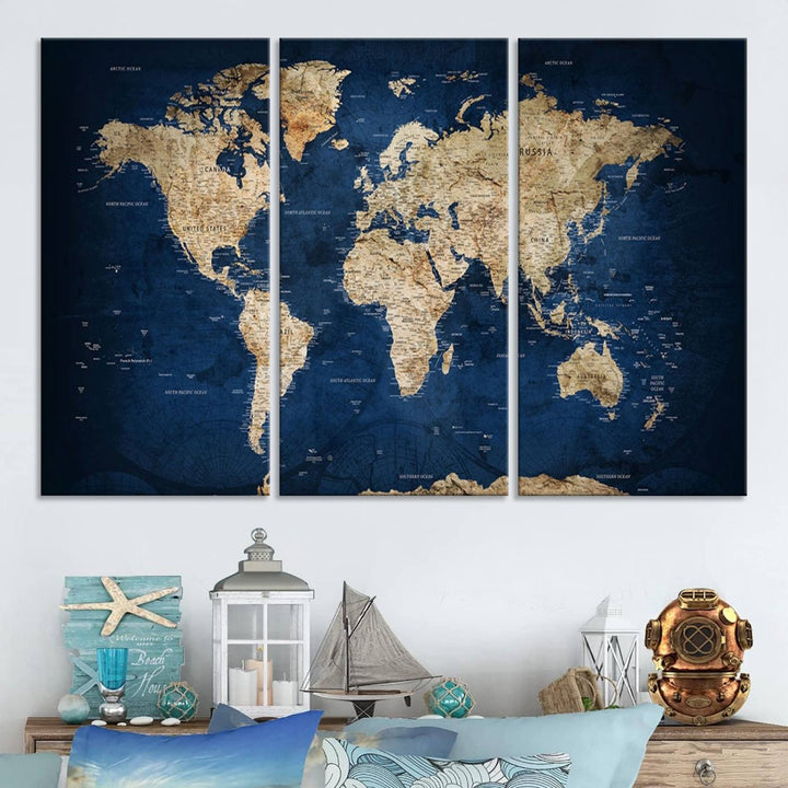 Classic Vintage Blue World Map Canvas Print featuring beige continents against a deep blue background.