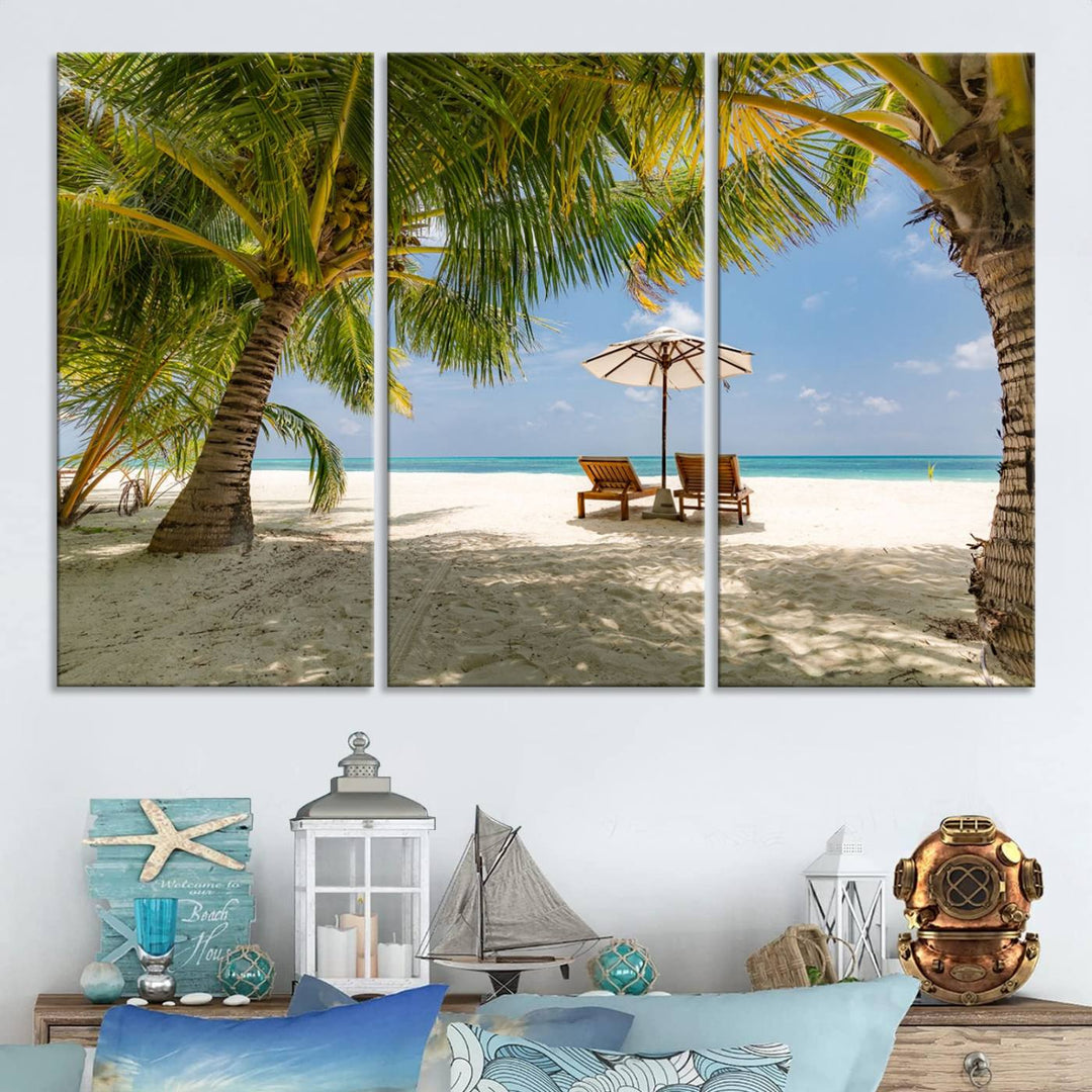 The canvas art print titled Lounge Chairs Palm Trees on Tropical Beach offers free shipping.