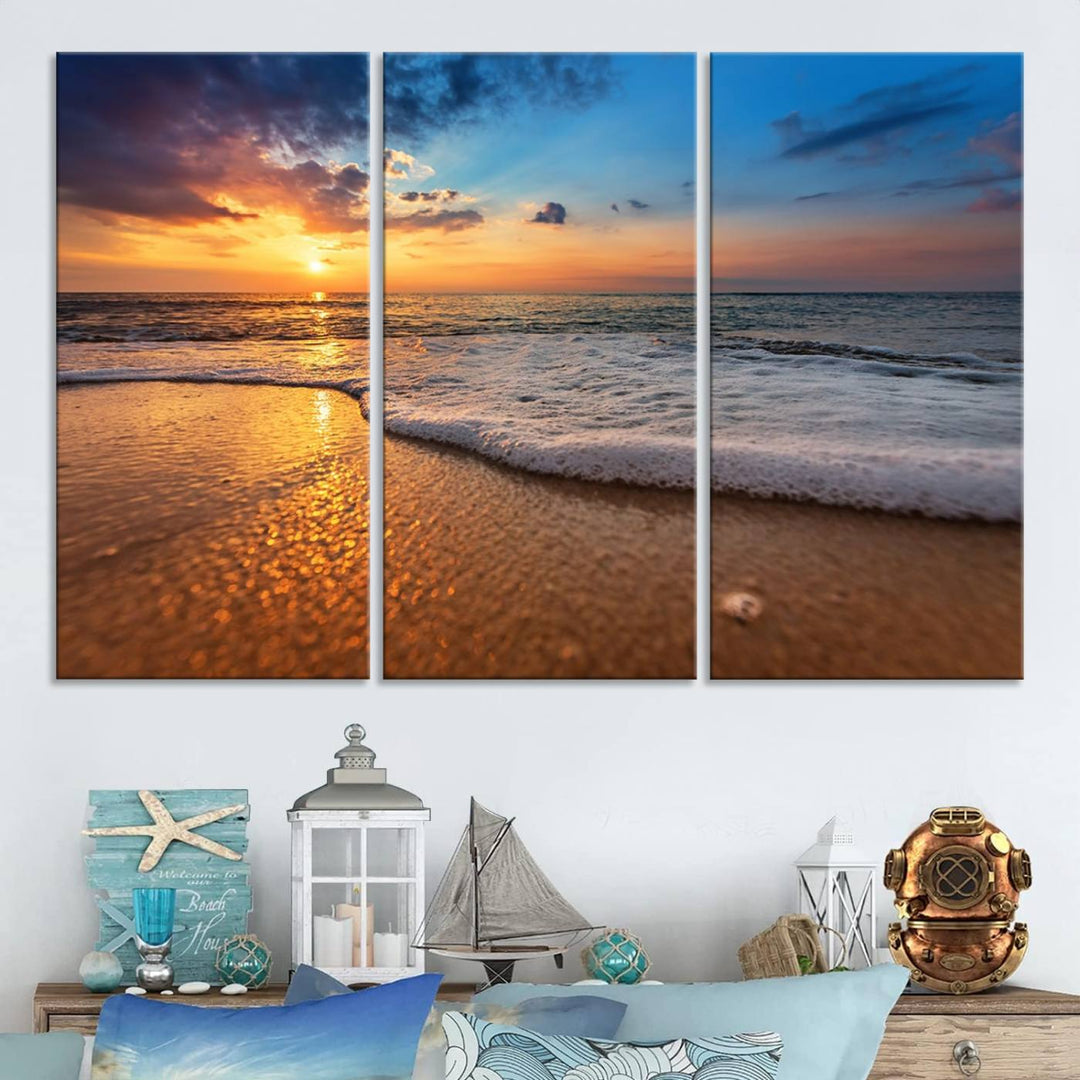 The Golden Sunset Beach Waves Triptych adds a modern coastal touch with its stunning seascape.