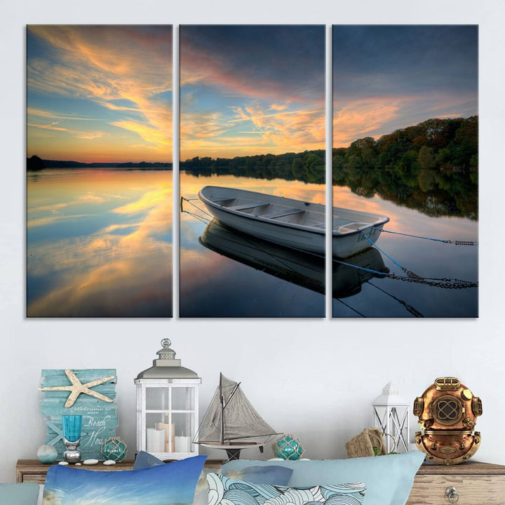 Serene Rowboat on Calm Lake Triptych Canvas Art, Giclee Wall Art of Peaceful Sunset Reflections, Tranquil Landscape Wall Art for Home or Office