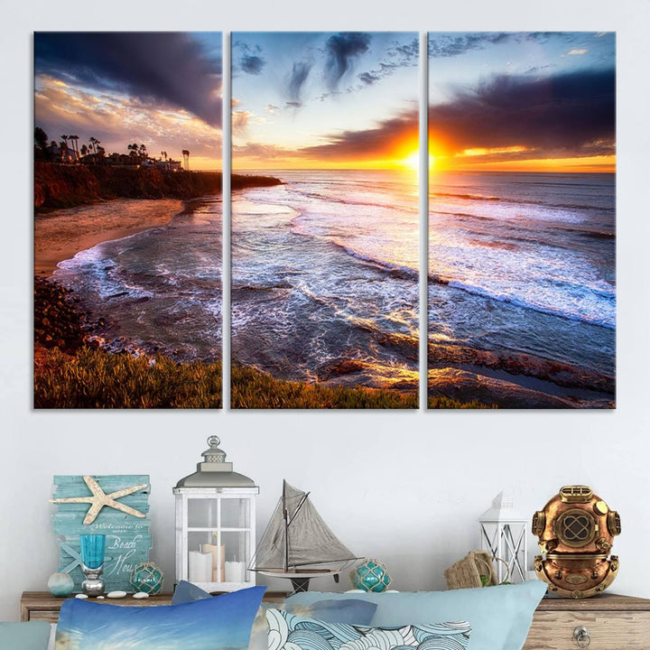 California Coastline Sunset Canvas Art, Ocean Waves Crashing on Cliffs, Giclee Canvas Print for Beach House Decor