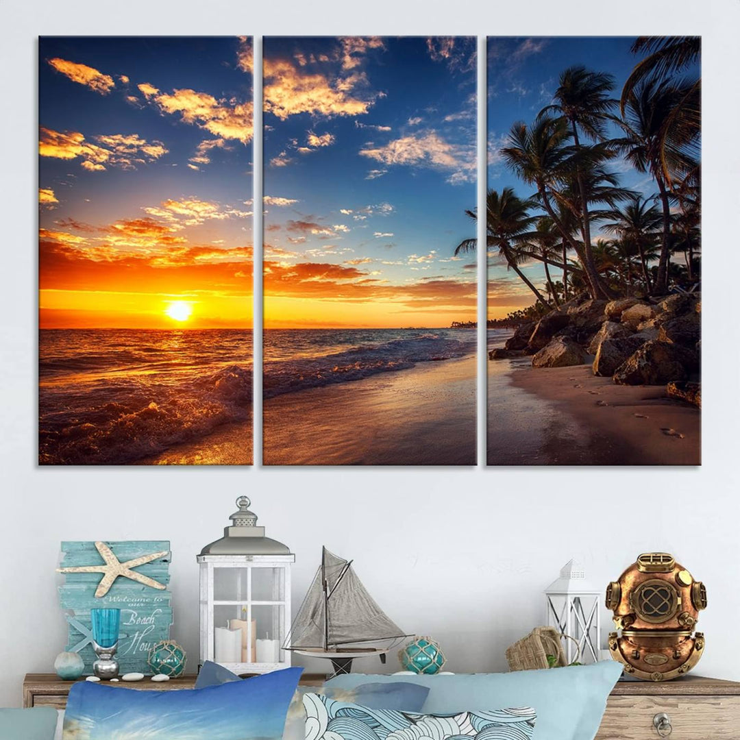 Tropical Beach Sunset Canvas Art, Palm Trees and Ocean Waves Wall Art, Giclee Print for Coastal Home Decor