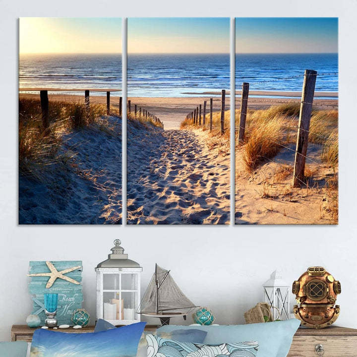 Tropical Beach Sunset Canvas Art, Ocean Waves and Sandy Shoreline Wall Art, Large Beach Decor for Coastal Homes