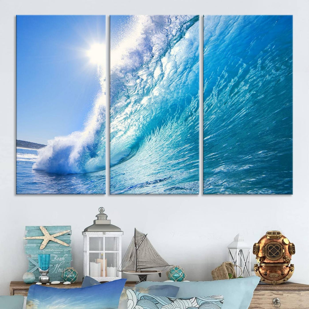 Blue Big Wave Surfing Ocean Canvas Wall Art Artwork Print , Surf Wall Art, Sea Wall Art