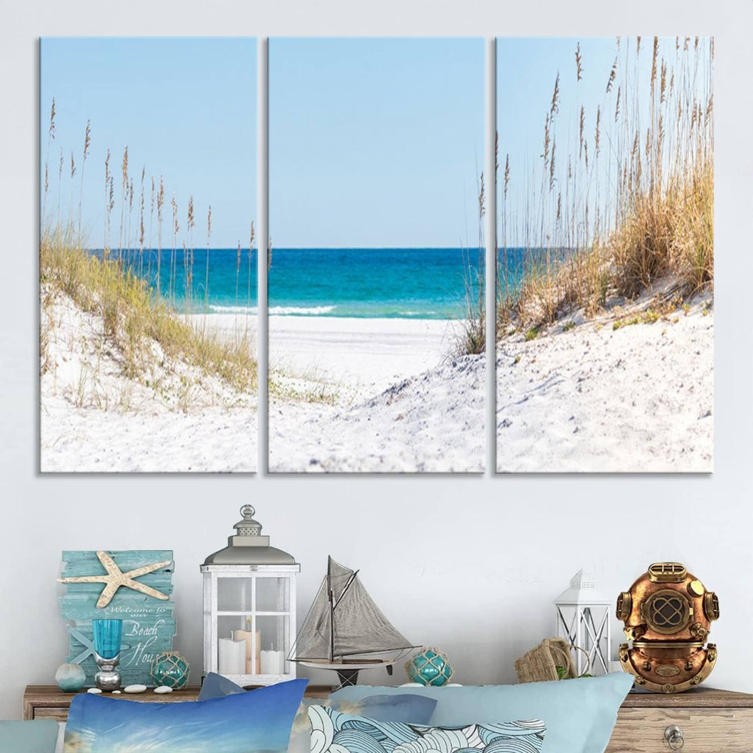 Serene Coastal Dune Path with Ocean View, 3-Panel Beach Canvas Art; tranquil seascape for coastal decor.