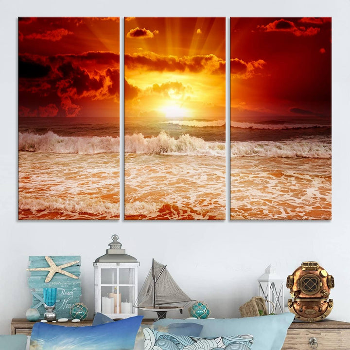 The Red Sunset Ocean Beach Canvas depicts ocean waves.