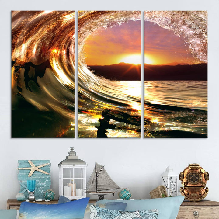 The Golden Wave Sunset Triptych Canvas Art showcases an ocean wave at sunset, casting warm light.