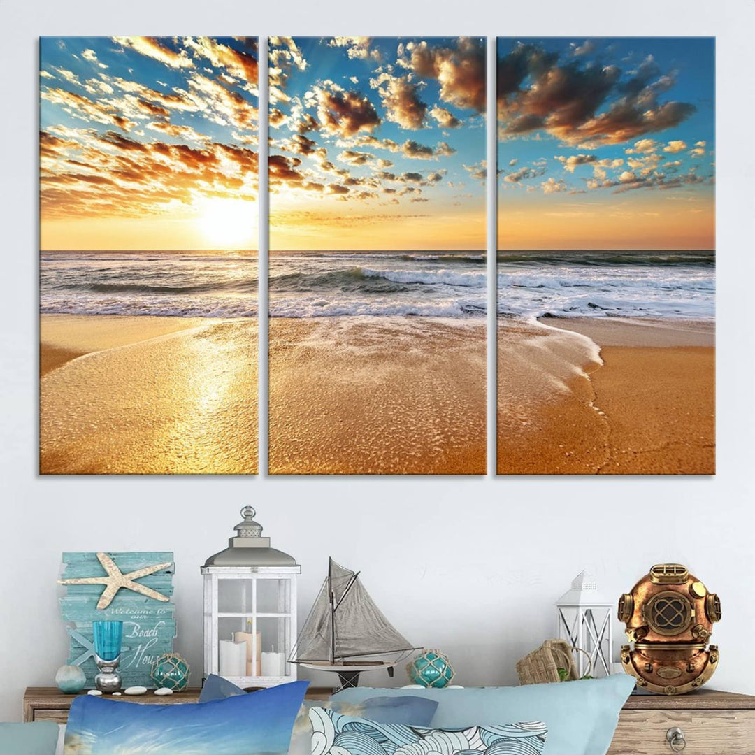 A Golden Sunset Beach giclee triptych canvas hangs prominently.