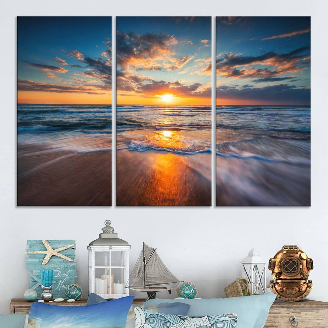 The Sunset on the Ocean canvas adds coastal ambiance to the wooden wall.