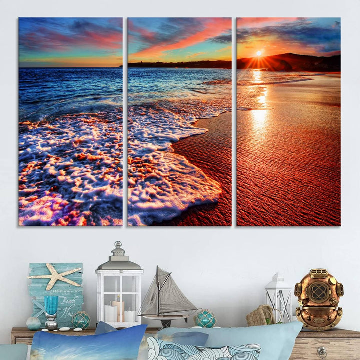 The Colorful Coastal Sunset on the Beach canvas print portrays ocean waves at dusk.