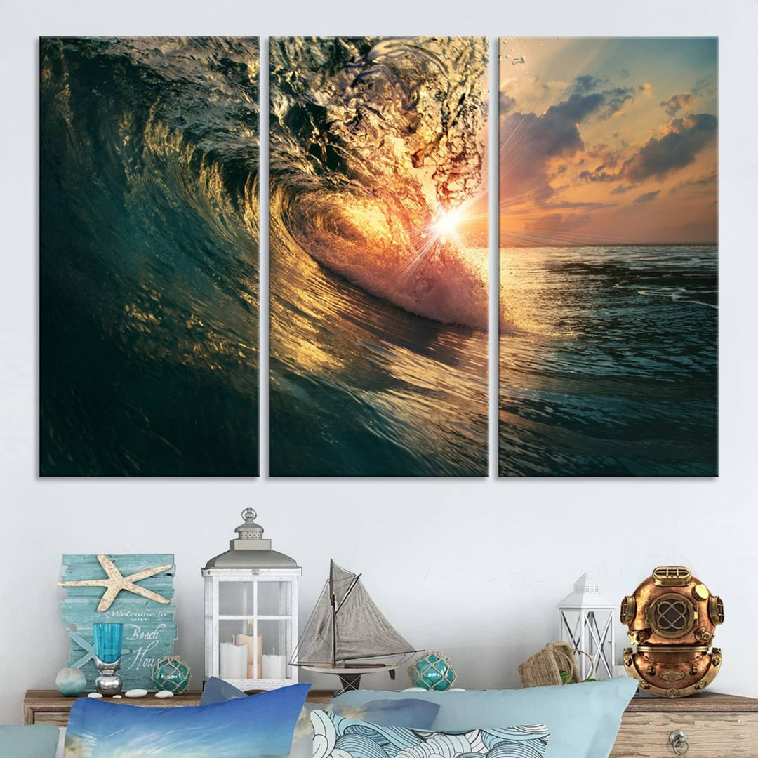 A triptych seascape titled Ocean Wave Sunset Canvas, featuring a stunning ocean view at sunset, is beautifully framed and ready to hang.