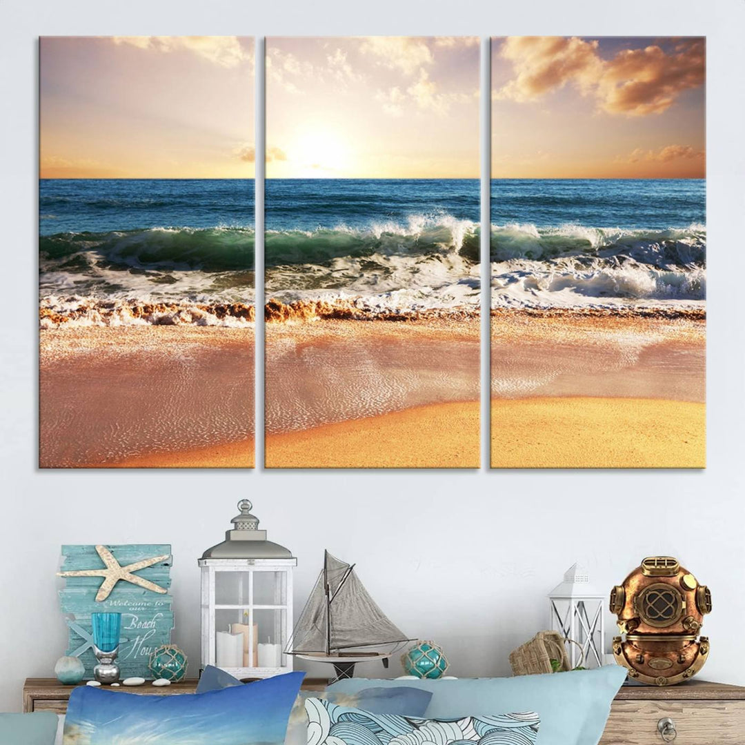 The wall features a Canon-quality Serene Beach Path canvas giclee print, depicting coastal dunes.