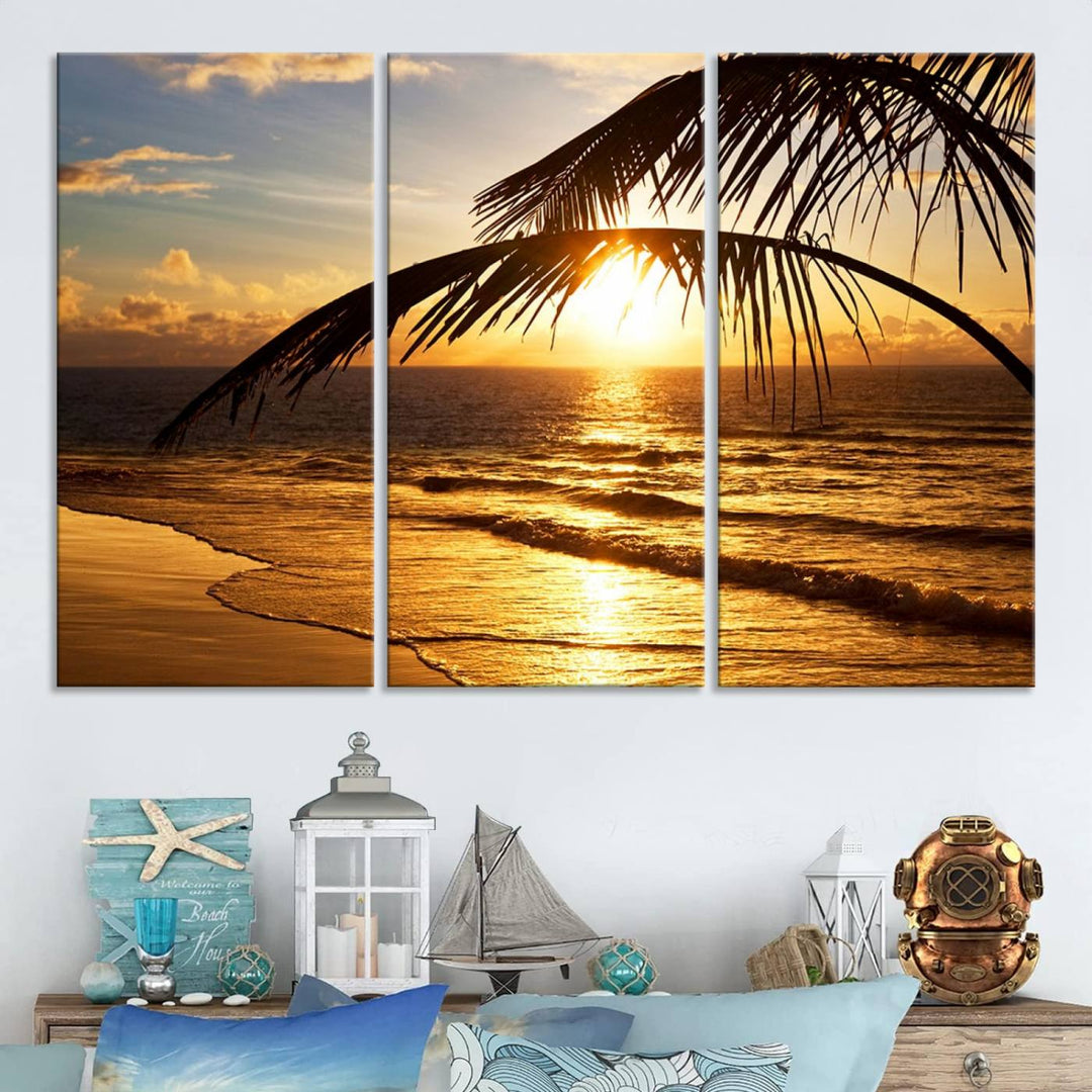 Golden Tropical Beach Sunset Canvas Triptych: Coastal Palm Art & Giclee Print with Gallery Wrap, capturing golden waves.