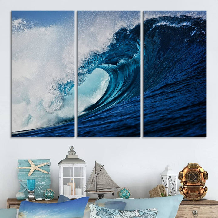 Ocean Wave at Sunset Canvas Art, Large Wall Print of Vibrant Water Waves, Coastal Art for Living Room and Dining Room Decor