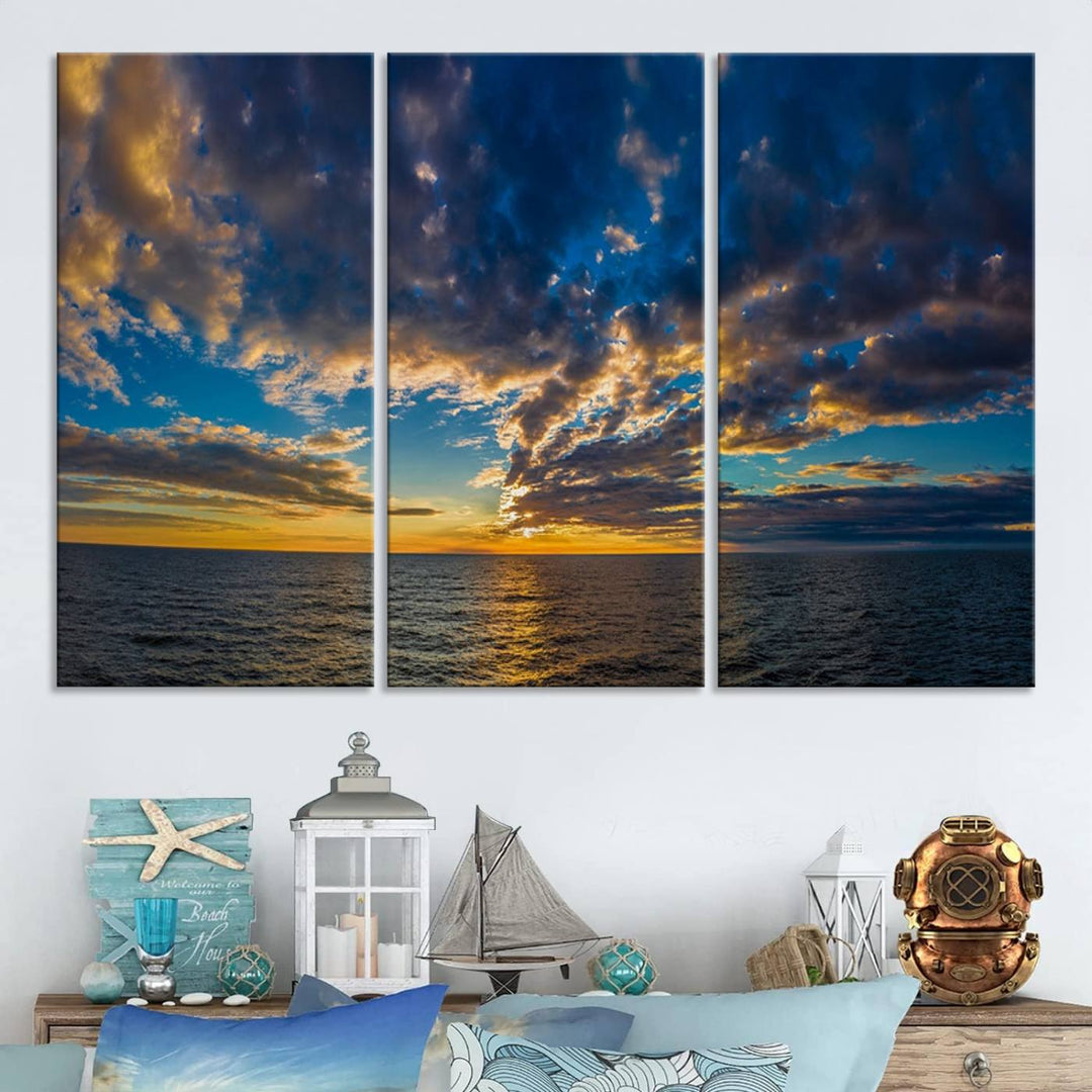 Dramatic Ocean Sunset Canvas Art, Panoramic Seascape Wall Art, Giclee Canvas Print with Canon Quality for Coastal Decor