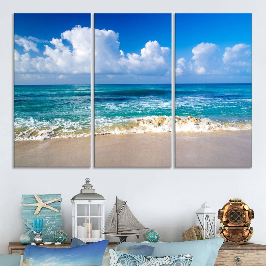 Tropical Beach 3-Panel Canvas Wall Art – Serene Ocean Waves and Blue Sky – Giclée Print for Living Room, Office, or Bedroom Coastal Decor