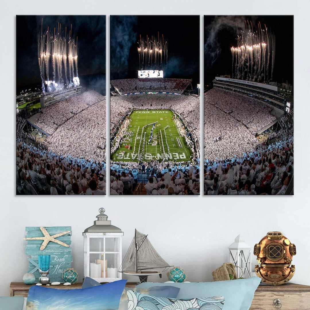 The perfect Penn State Football canvas wall art features a depiction of Beaver Stadium filled with fans in white, with fireworks exploding above.