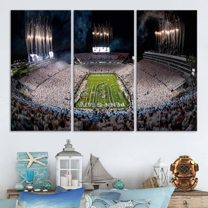 The perfect Penn State Football canvas wall art features a depiction of Beaver Stadium filled with fans in white, with fireworks exploding above.