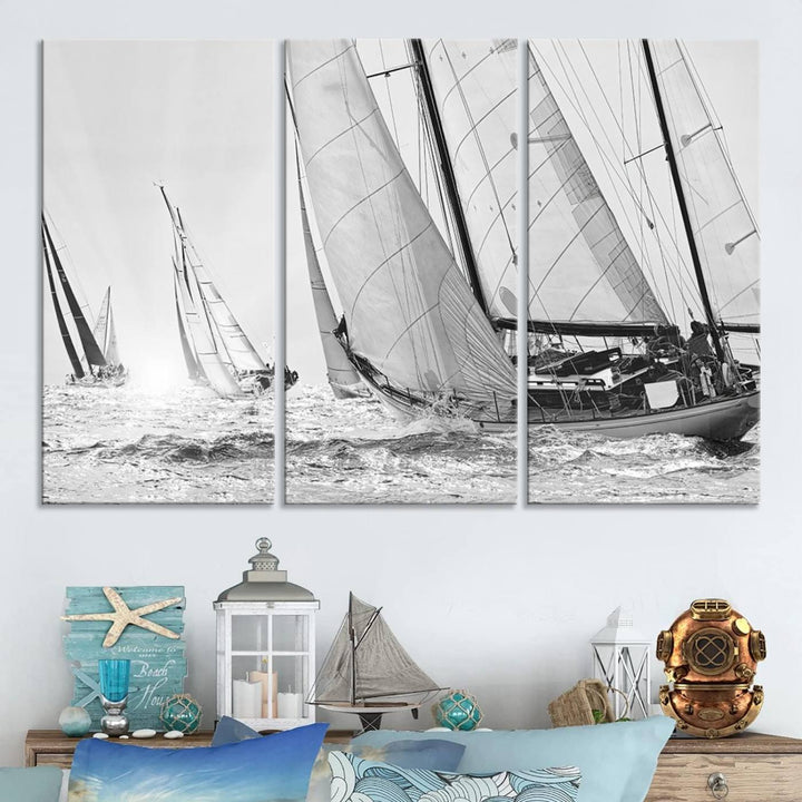 Yacht Sailboat Regatta canvas print on a textured wooden wall.