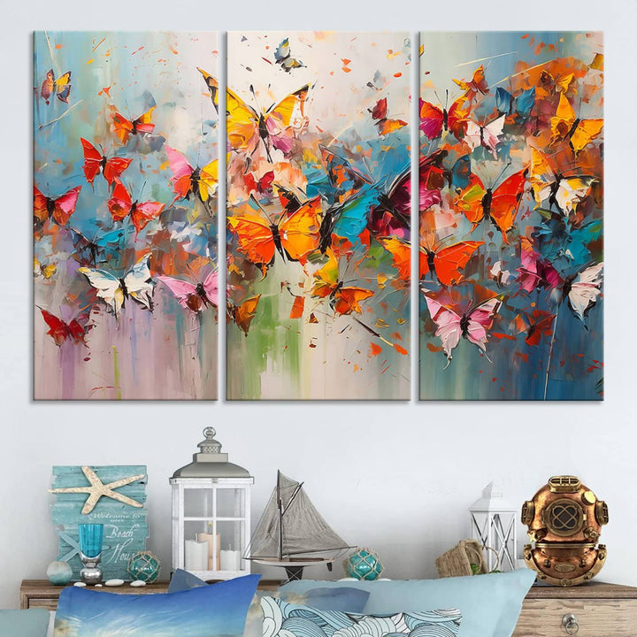 The Abstract Butterfly Wall Art Canvas Print hangs prominently, adding a touch of elegance and creativity to the room.