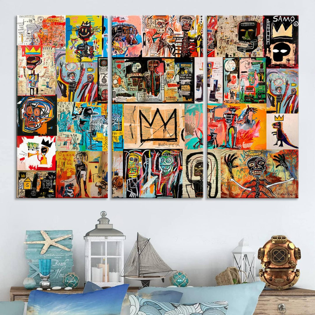 A Basquiat graffiti-style collage adorns the wall.