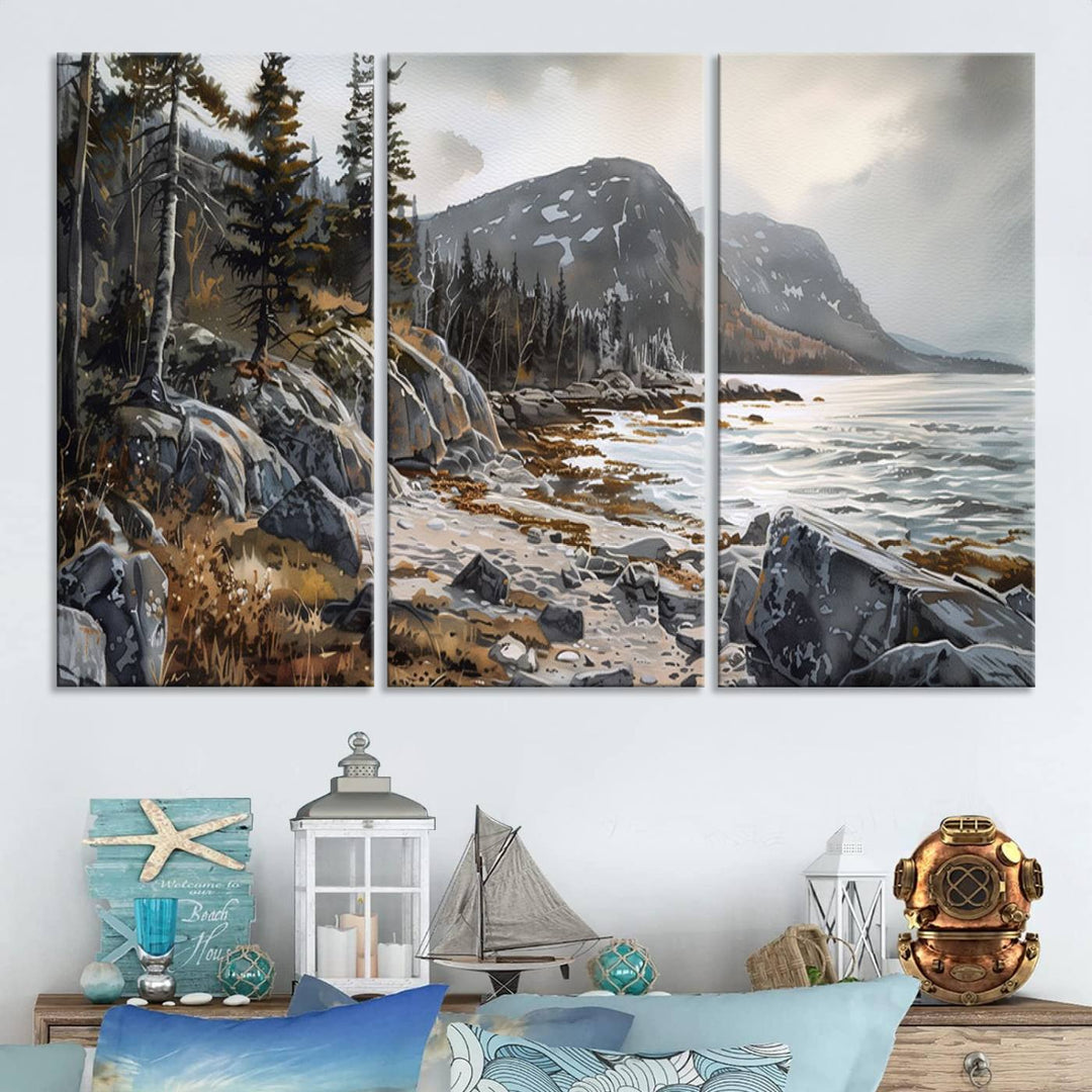 Framed wall art depicting Acadia National Parks rocky coast, trees, mountains, and sunlight over the sea; ready to hang.