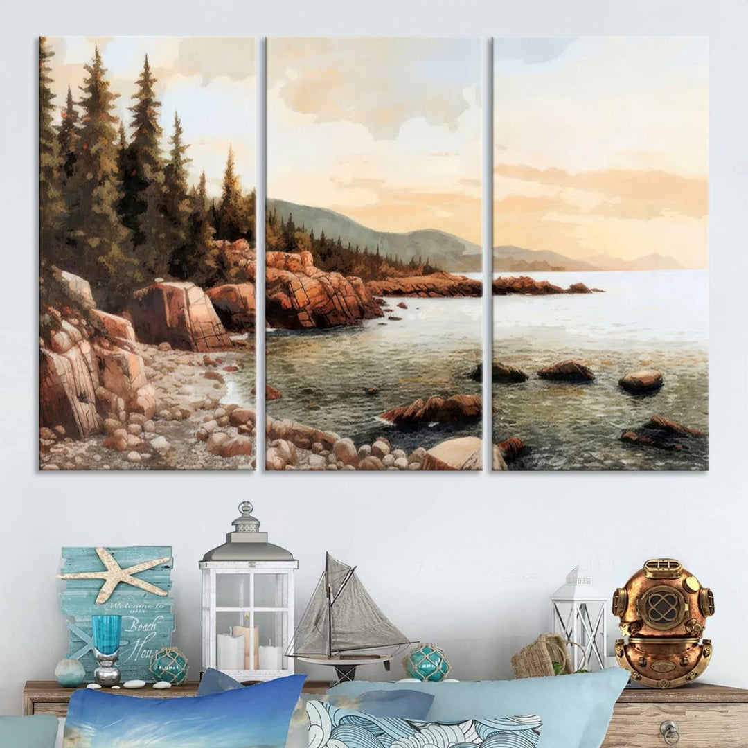 The Serene Coastal View of Acadia National Park 3-panel canvas, framed and ready to hang, adorns the wall.