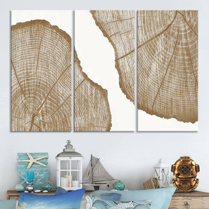 The rustic wall art features two large tree rings, beautifully framed and displayed to create a nature-inspired décor.