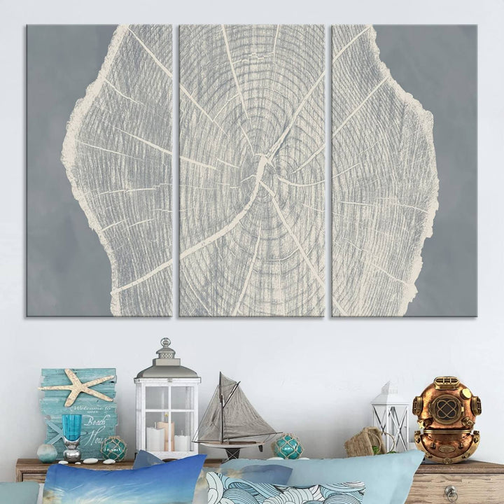 A gray wall displays the Abstract Tree Ring Wall Art print.