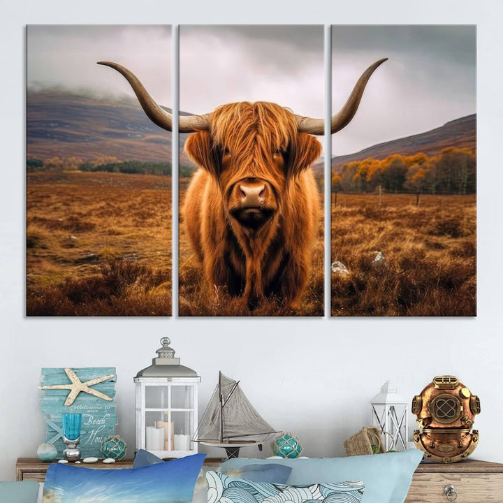 Highland Cow Longhorn Canvas Print, framed, on a wooden wall.