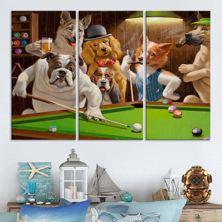 Dogs Playing Pool Canvas Wall Art: This artwork depicts a room where dogs are engaged in a game of pool. One dog is poised to cue while others observe the scene.