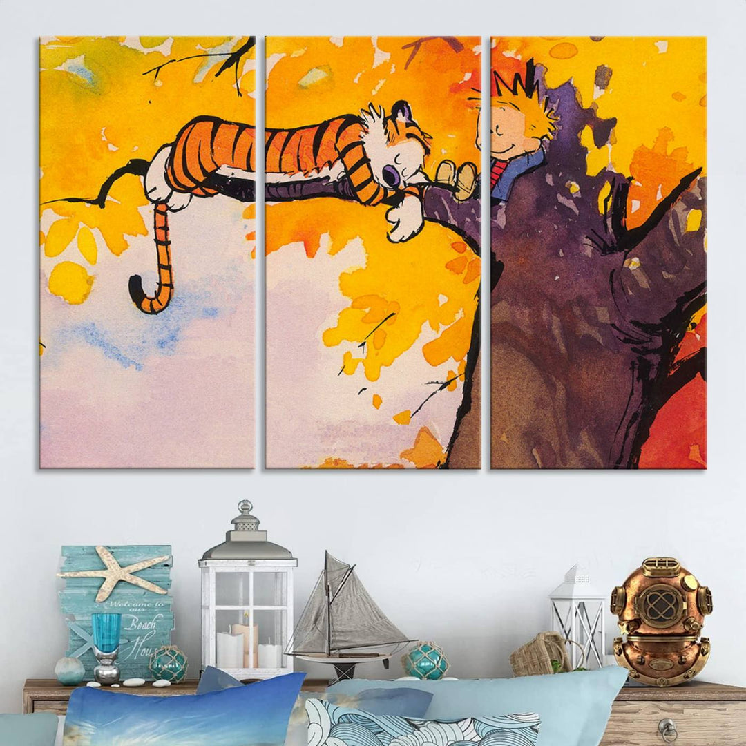 Premium canvas Calvin Wall Arts featuring a boy and tiger relaxing on a branch.