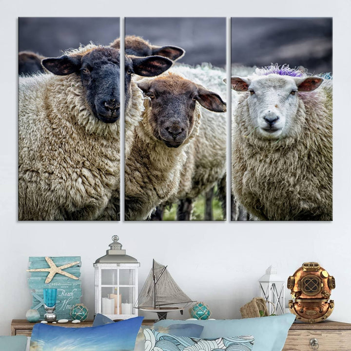 The Charming Sheep Portrait Wall Art hangs on a wooden wall.