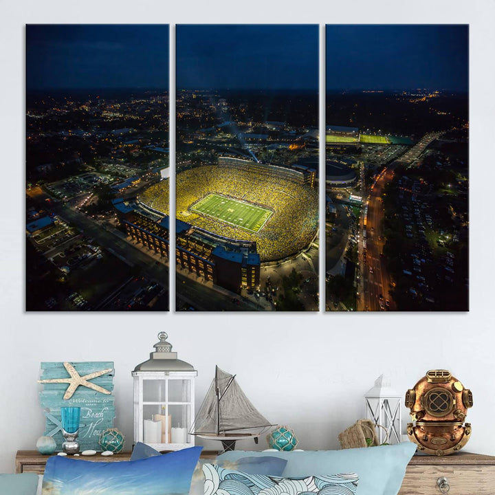 Aerial view of Michigan Stadium nightlife on canvas – Framed, ready-to-hang sports arena wall art.