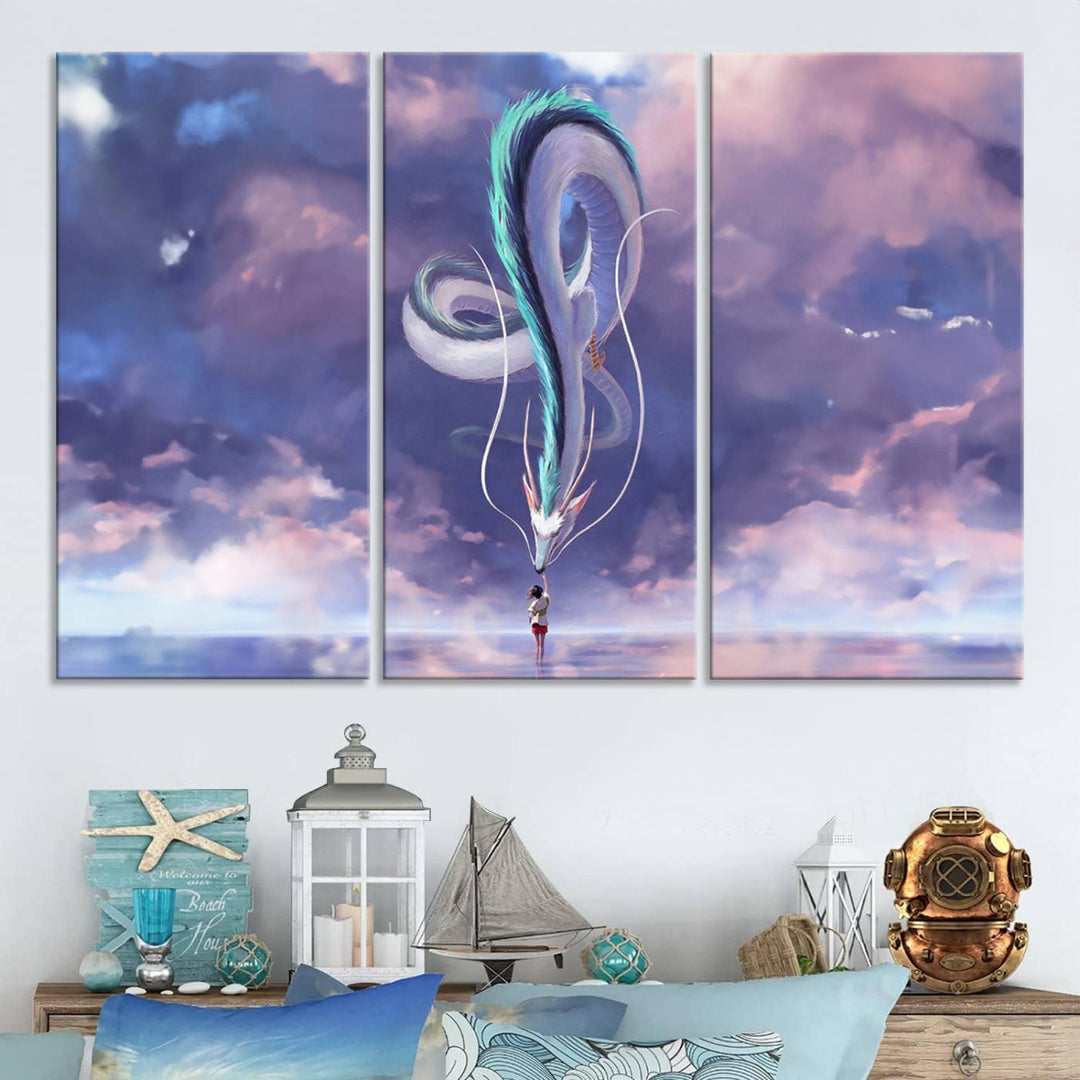 The Spirited Away Haku and Chihiro poster captures a cherished scene for anime lovers under a colorful, cloudy sky.