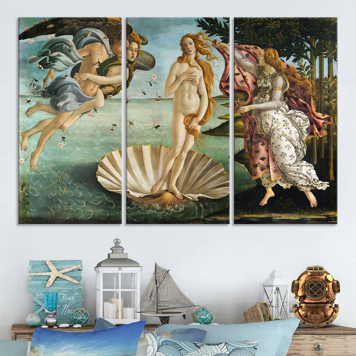 A canvas print of Botticellis The Birth of Venus is displayed on the wall.