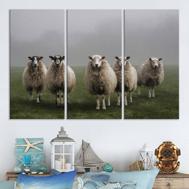 The Flock of Sheep in a Mystical Fog canvas print is framed and ready to hang.