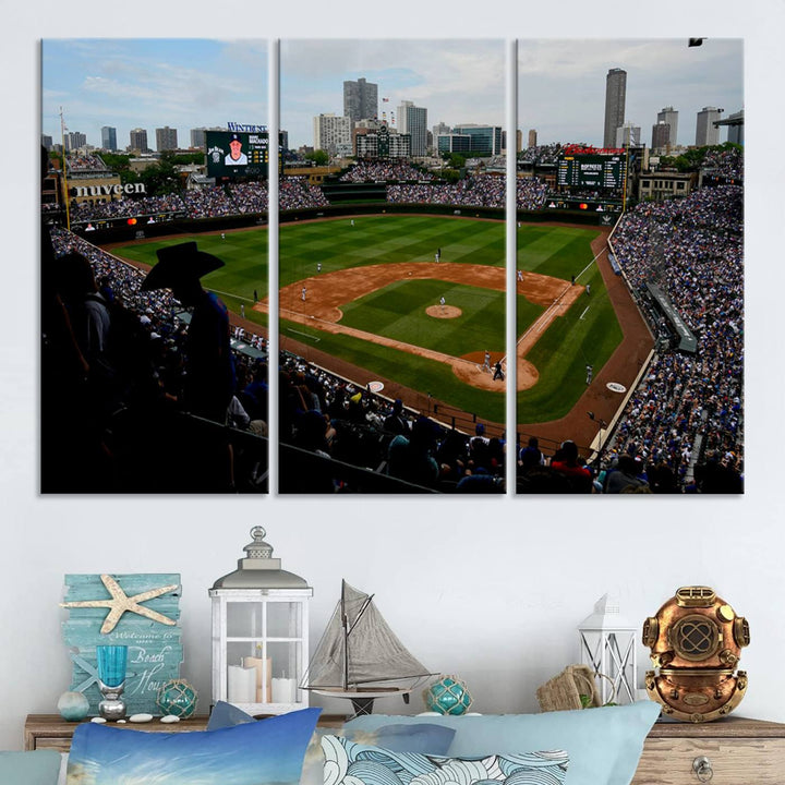 Admire this museum-quality canvas print of a Chicago Cubs game with a cityscape view from the stands at Wrigley Field.