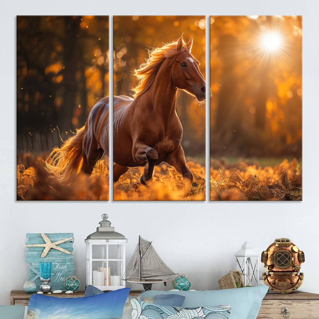 The Running Horse Sunset Forest Wall Art Canvas Print showcases a gallop in an autumn forest with sunlight streaming through the trees.