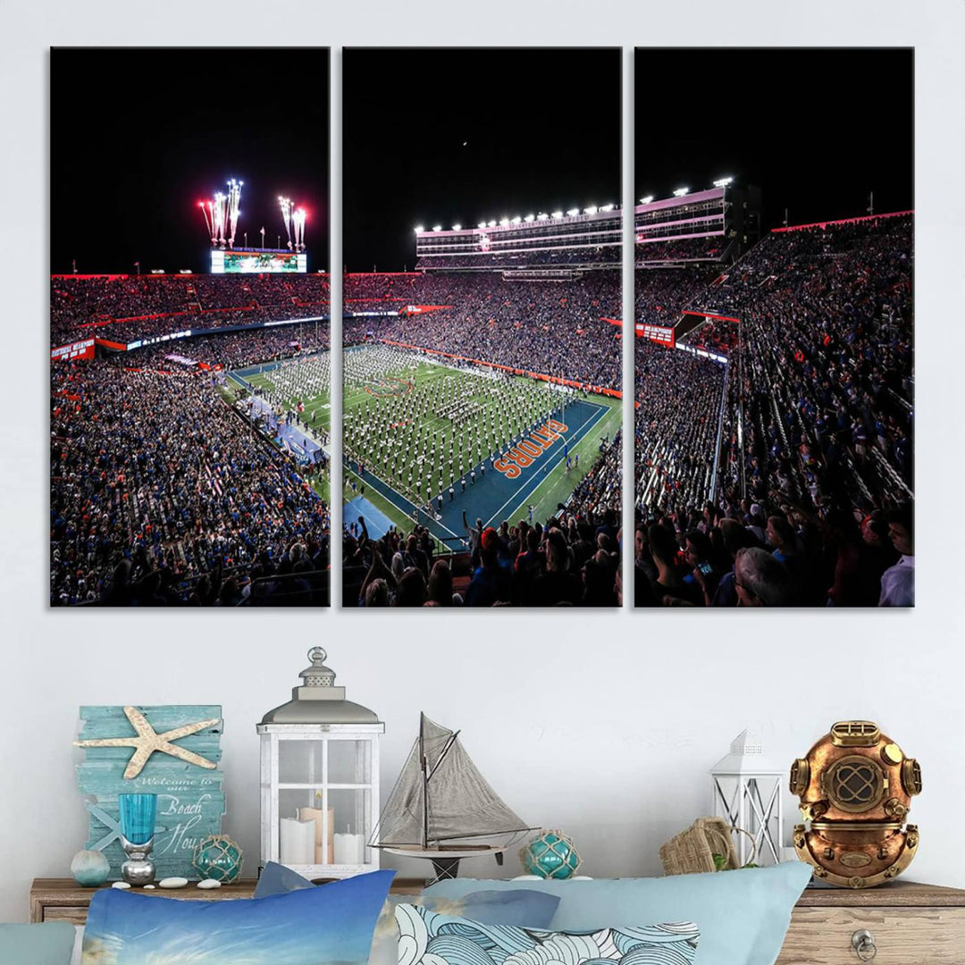 The Gators Night Game Canvas Art captures a lively night at Ben Hill Griffin Stadium with vibrant fireworks and the energy of a live band.