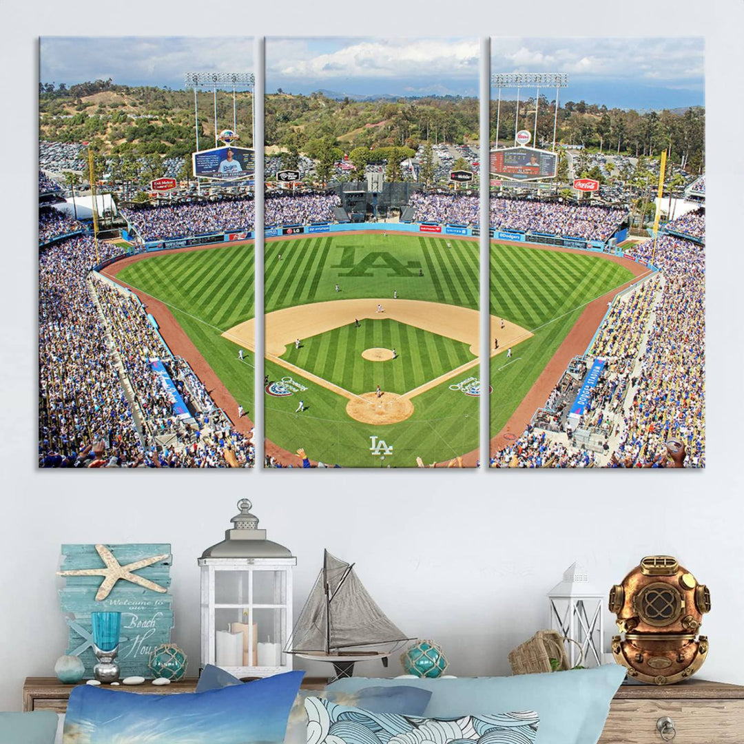 Aerial view of a sunny game day at Citi Field, captured in a 3-panel canvas print wall art.