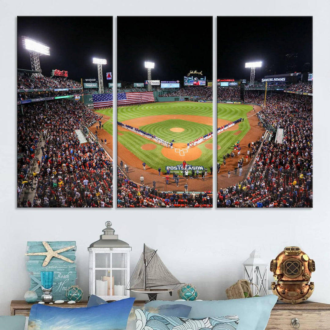 The Fenway Park Wall Art Canvas Print showcases a stunning aerial view of Bostons iconic ballpark at night, making it an ideal piece for any Red Sox enthusiast.