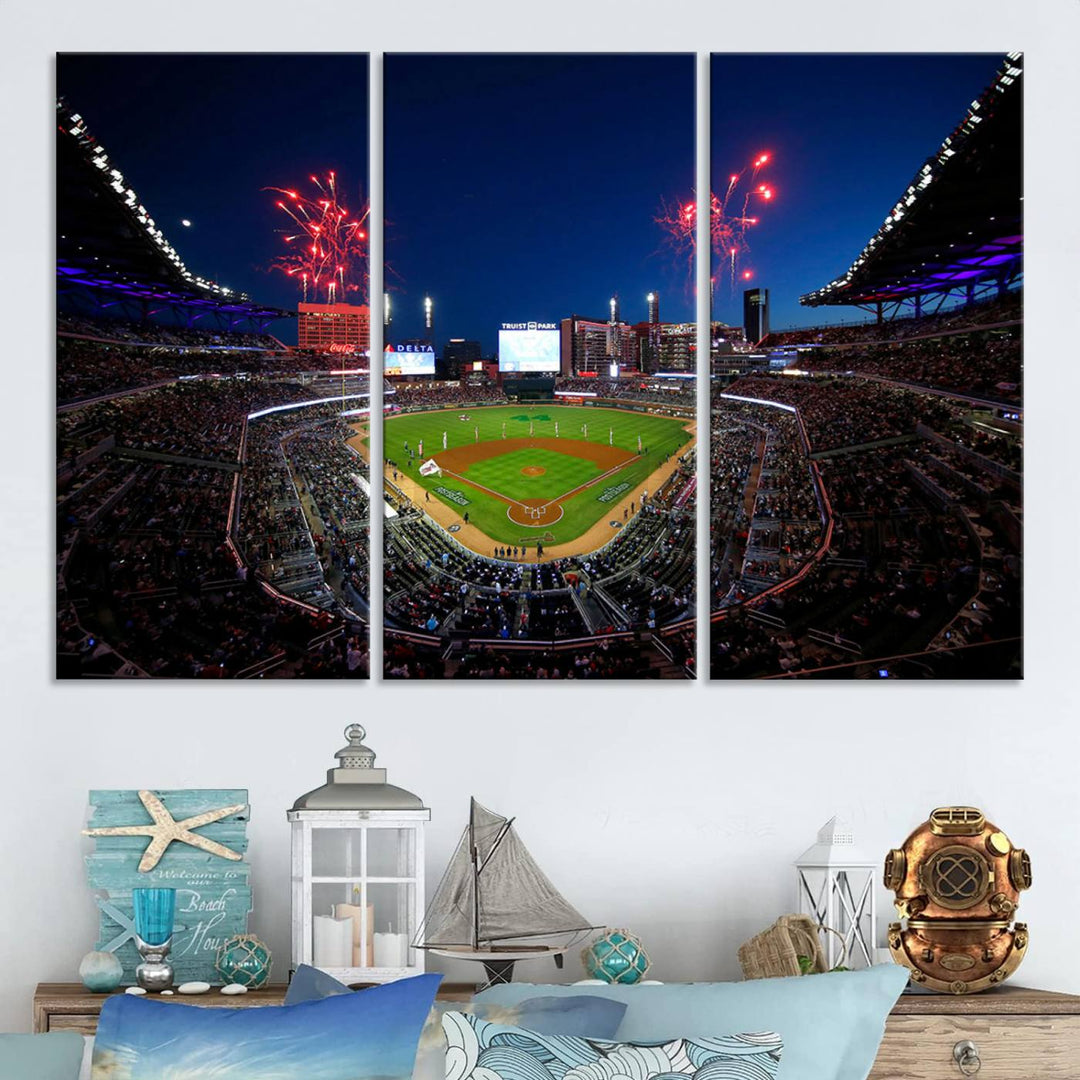 Truist Park wall art: fireworks over a Braves crowd, a large 3-panel canvas, framed and ready-to-hang.