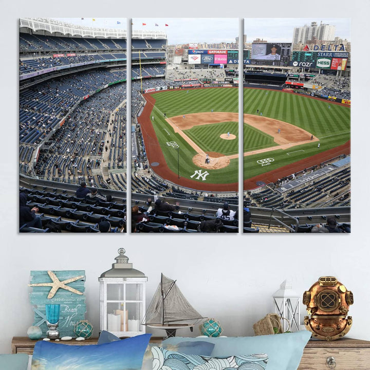 Aerial view of Yankee Stadium filled with fans, showcased on a New York Yankees Stadium Wall Art Canvas Print.